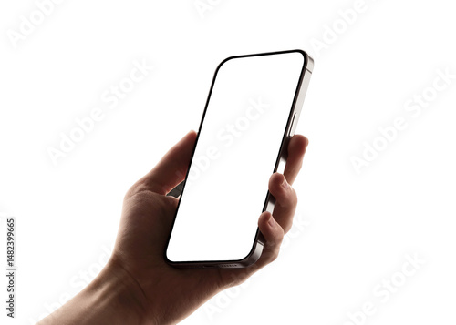 Hand holding smart phone on white background technology Mobile phone screen mockup