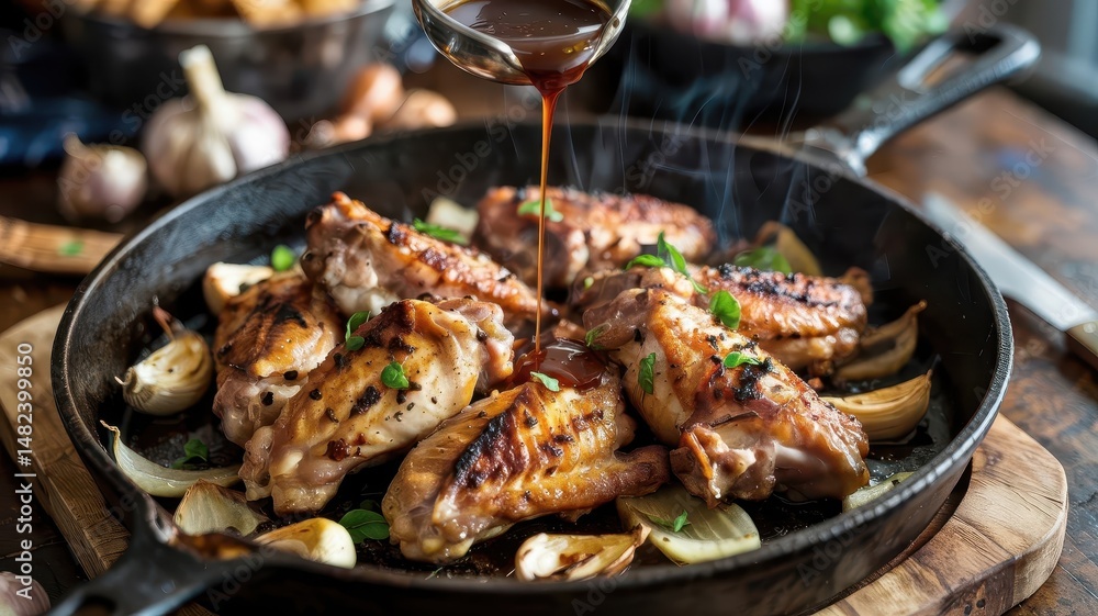 Smoked chicken wings in cast iron skillet resting on caramelized onions and roasted garlic with sauce being drizzled from above and steam rising in restaurant setting Smoked chicken wings in cast iron skillet resting on caramelized onions and roasted garlic with sauce being drizzled from above and steam rising in restaurant setting