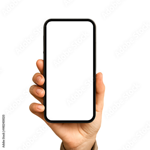 Hand holding smart phone on white background technology Mobile phone screen mockup