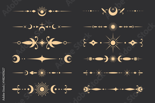 Collection of decorative celestial dividers with space elements. For tarot, astrology, magical cards and frames. Vector illustration