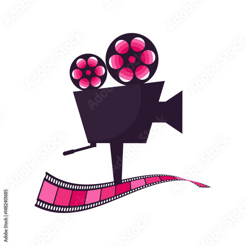 Retro minimalist movie camera with bright filmstrip. Movie camera icon. Vector illustration