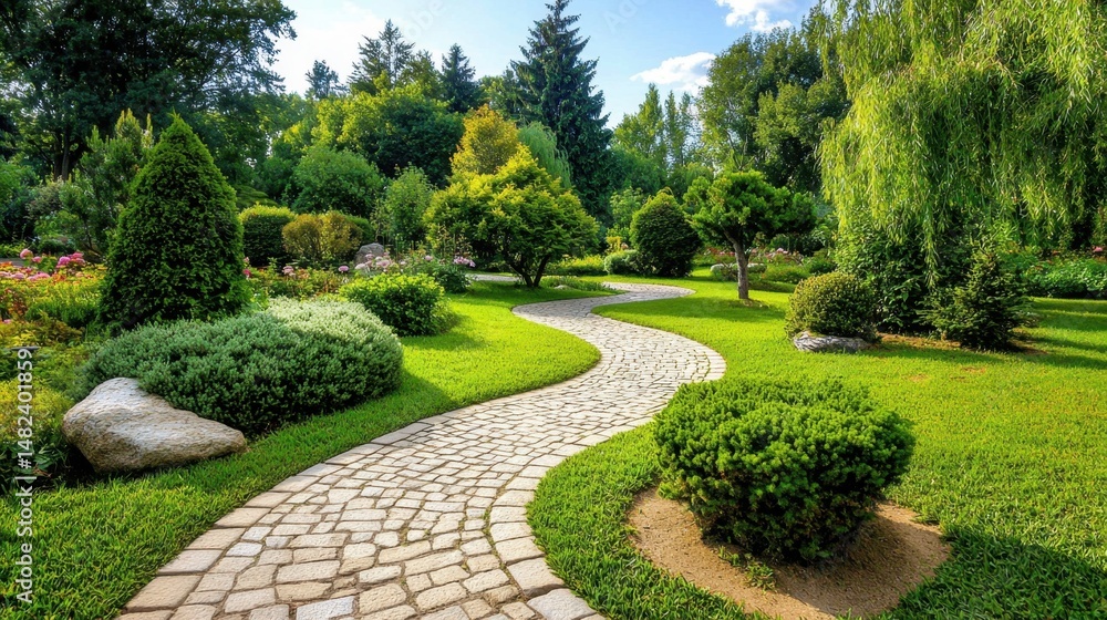 Naklejka premium Curving spiral stone path through a vibrant green garden, tranquil outdoor scene