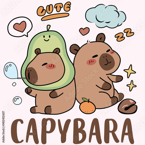 Abstract cartoon image of 2 cute capybaras leaning on each other, with avocado, orange, heart and star. suitable for printing on T-shirt and decoration