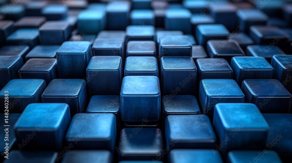 Obraz premium Abstract background of many dark blue square blocks in a grid pattern.