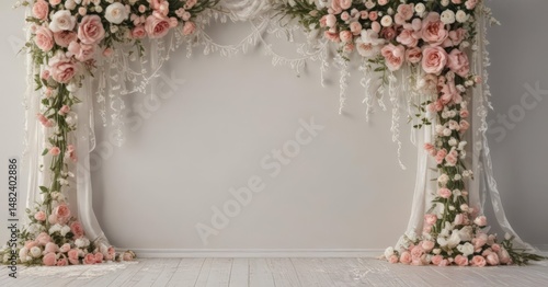 Elegant artificial floral backdrop with lace & ribbons ,  fabric,  event,  summer