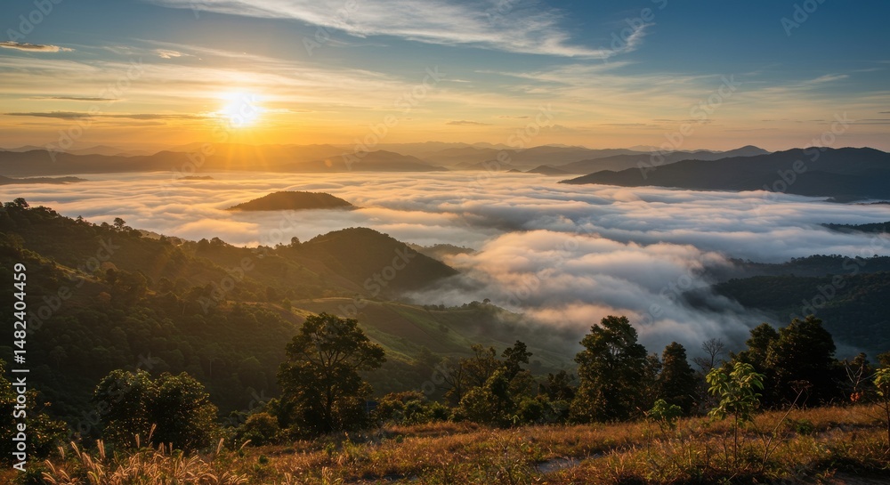 Obraz premium Serene sunrise over misty mountains with lush greenery and soft clouds