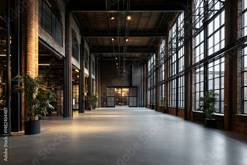 Wallpaper Mural Industrial loft interior spacious hallway large windows brick walls modern design plants Torontodigital.ca