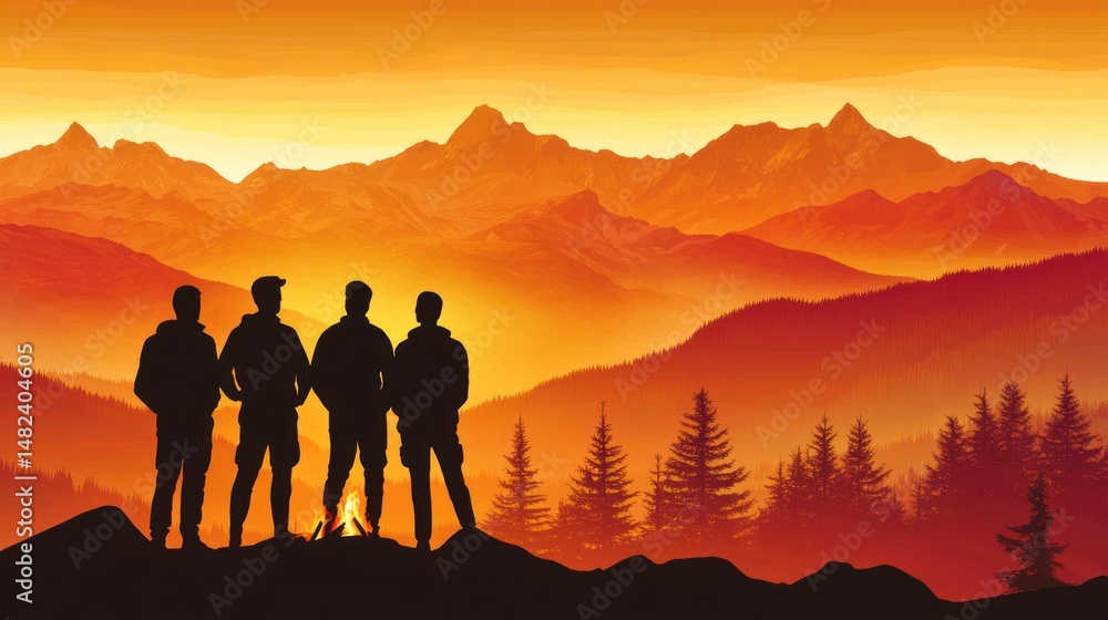 Fototapeta premium Silhouette of friends enjoying a campfire at sunset mountain top