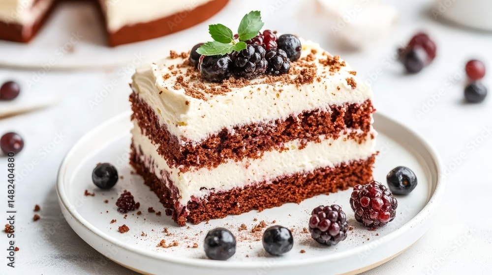 Slice of Delicious Red Velvet Cake with Berries. Festive dessert, Sweet treat, Homemade baking. Slice of Delicious Red Velvet Cake with Berries. Festive dessert, Sweet treat, Homemade baking.