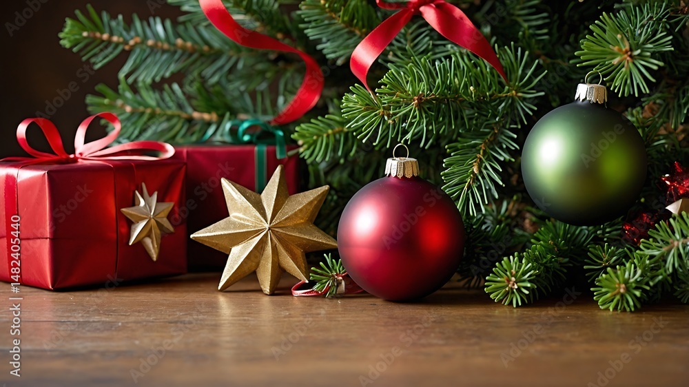 Festive Christmas Decorations Red and Green Ornaments, Gifts, and Pine Branches Festive Christmas Decorations Red and Green Ornaments, Gifts, and Pine Branches