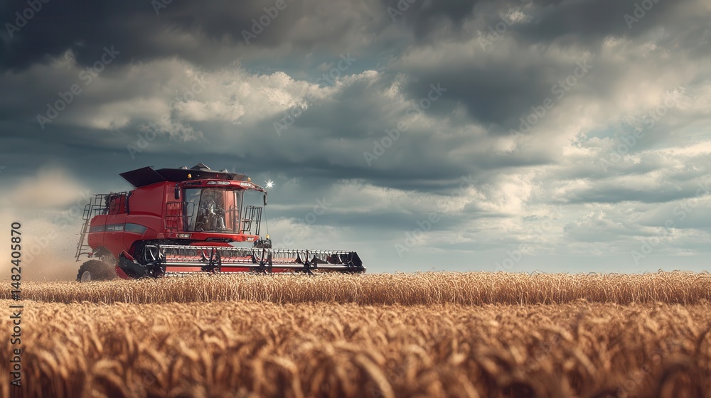 Fototapeta premium Red combine harvester cutting through golden wheat field under dramatic stormy sky