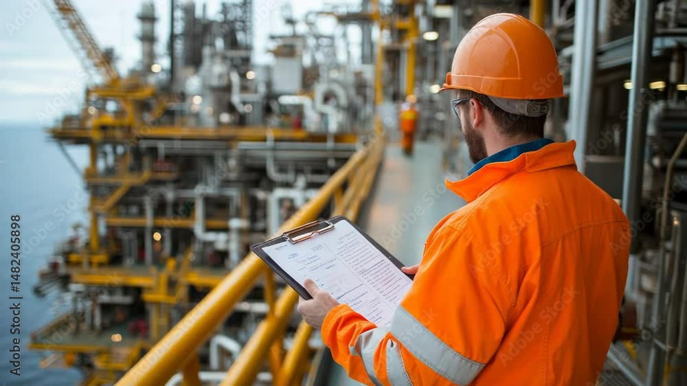 Oil worker reviews documents on offshore platform Oil worker reviews documents on offshore platform