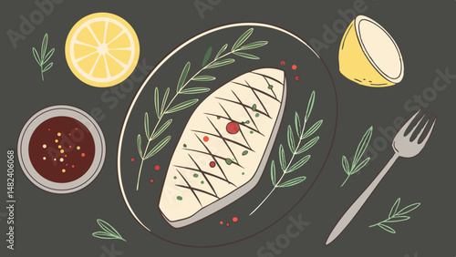 Vector Delicious grilled chicken fillet garnished with herbs, lemon slices, and flavorful sauce, perfect for healthy meal
