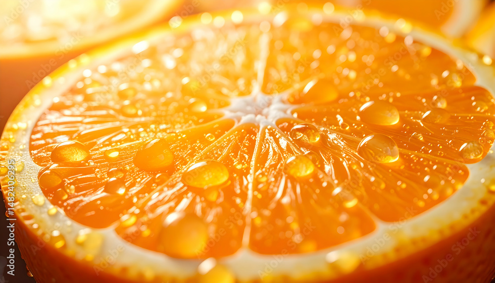 Orangeness in the Lens: A macro shot of a juicy orange slice glistens with water droplets, inviting a sensorial exploration of the details of nature's sweetness. Orangeness in the Lens: A macro shot of a juicy orange slice glistens with water droplets, inviting a sensorial exploration of the details of nature's sweetness.