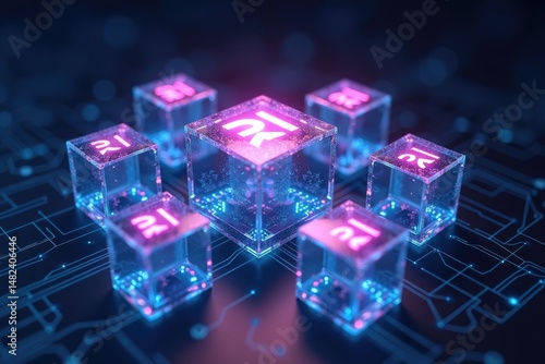 Wallpaper Mural Glowing 3D Cubes Surrounding Central AI Cube on Dark Circuit Background Torontodigital.ca