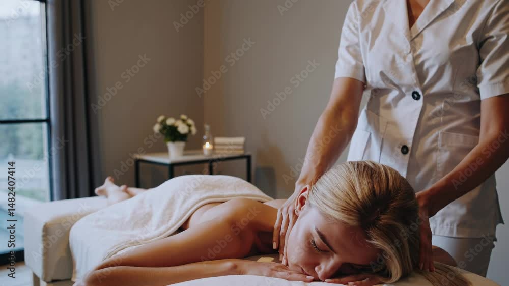 Masseuse performing relaxing back massage on client in spa