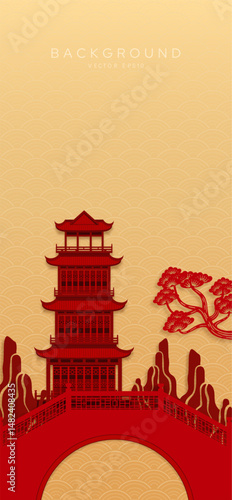 Chinese new year vertical banner with pagoda and bridge in tranquil garden background featuring oriental festive decoration