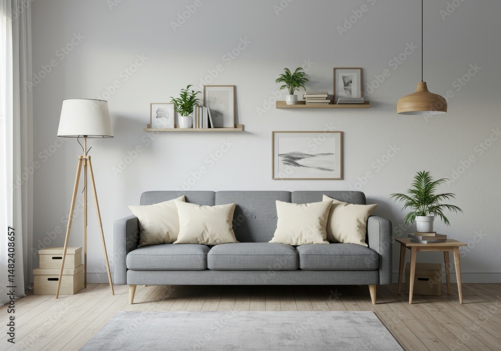 Fototapeta premium Living room features a gray sofa with pillows and decorative elements on the wall