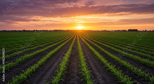 Rows of Young Corn Plants at Sunset in a Vast Field