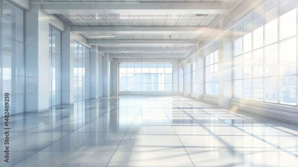 Bright Modern Empty Office Interior with Large Windows and Sunlight Bright Modern Empty Office Interior with Large Windows and Sunlight