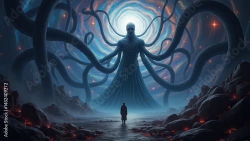 A Lone Figure Confronts a Cosmic Horror with Tentacles and Glowi