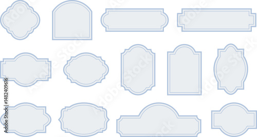 Elegant vintage labels with ornate frames in soft blue color. Classic tags with decorative border for handmade branding and rustic packaging. Set of vector designs with blank space