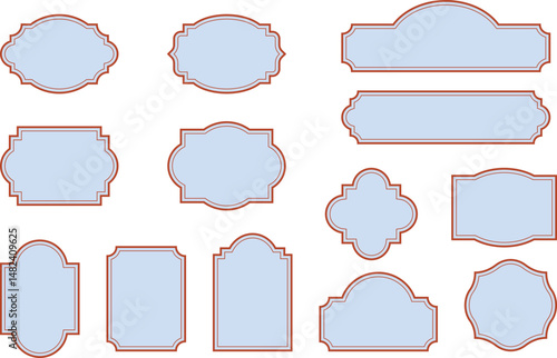 Ornate pastel blue label collection with classic frame. Vintage soft tags for cosmetics packaging, romantic wedding invitations and elegant boutique logos. Vector design template with blank space