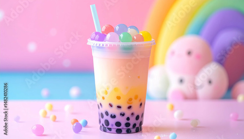 Rainbow Boba Tea: Pastel Dream Drink with Colorful Popping Boba