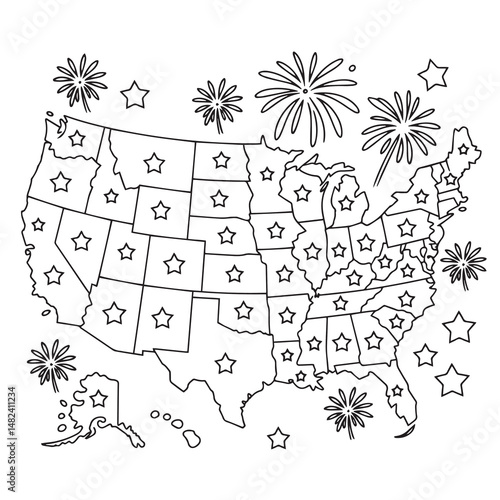 USA Map Coloring Page with State Names and Fireworks – Independence Day Educational Art