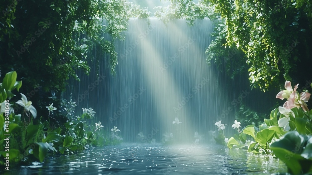 Lush waterfall in a mystical forest Lush waterfall in a mystical forest