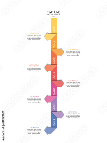 Timeline infographic featuring seven horizontal arrow banners stacked vertically with a gradient from yellow to blue. Each banner is labeled "STEP" and has placeholder text. Vector illustration.