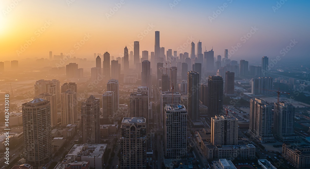 Fototapeta premium Misty Cityscape at Dawn: Skyscrapers Emerge from Golden Haze