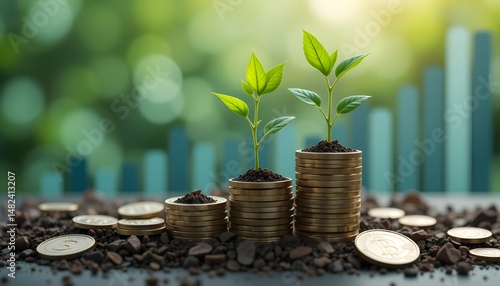 Business growth concept with a sprouting plant growing from coins and graphs rising in the background,