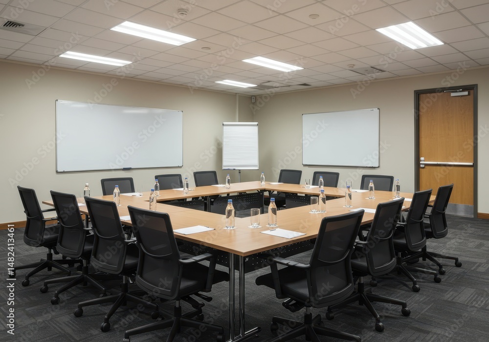 A conference room features a square table surrounded by chairs with whiteboards on the walls A conference room features a square table surrounded by chairs with whiteboards on the walls