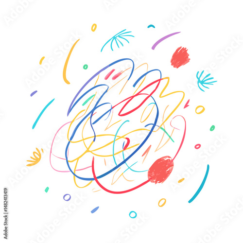 Multicolored abstract scribble with scattered doodles