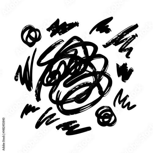 Black circular scribble with chaotic hand-drawn marks