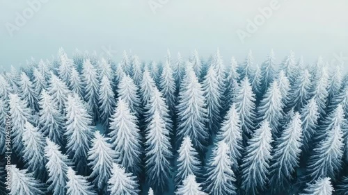Tranquil Winter Landscape Aerial Views of Snow Covered Evergreen Trees in Serene Forest, Embracing Beauty of Nature and Cold Frosty Atmosphere.