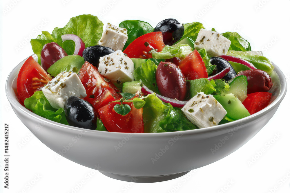 Fresh colorful vegetable and feta cheese salad with cherry tomatoes black olives and lettuce in a white bowl healthy meal concept Fresh colorful vegetable and feta cheese salad with cherry tomatoes black olives and lettuce in a white bowl healthy meal concept