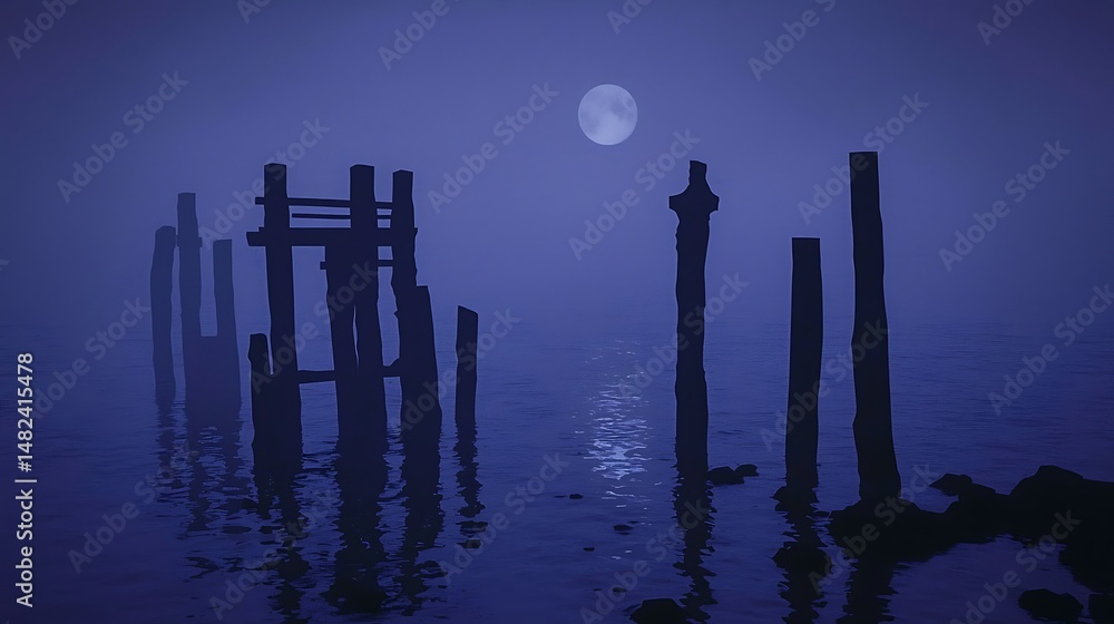 Silhouetted Pier Remains Under a Full Moon's Eerie, Atmospheric Silhouetted Pier Remains Under a Full Moon's Eerie, Atmospheric