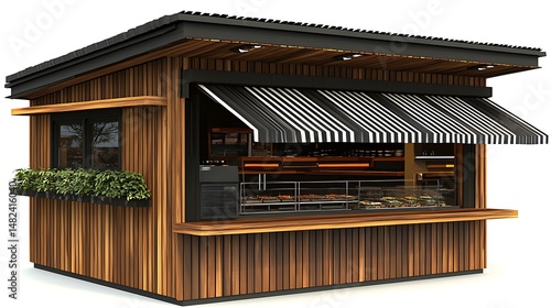 Modern Wooden Kiosk with Black Striped Awning and Display Case