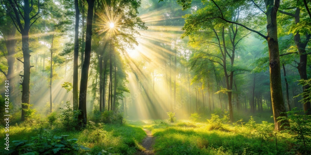 Obraz premium Dense foliage in a misty forest clearing with sunbeams filtering through the trees , sunlight, landscape