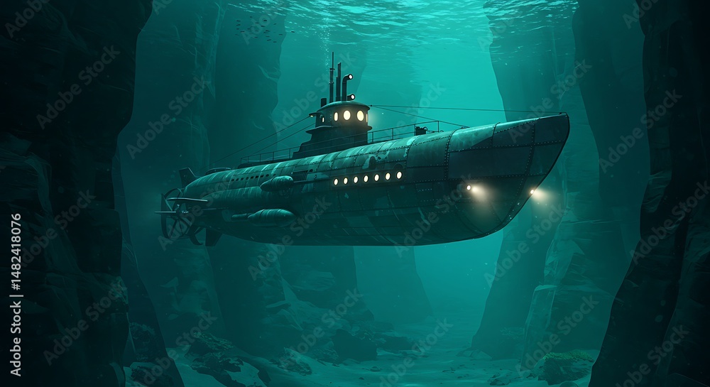 Submarine Navigating Underwater Canyon with Illuminated Lights and Mysterious Atmosphere Submarine Navigating Underwater Canyon with Illuminated Lights and Mysterious Atmosphere