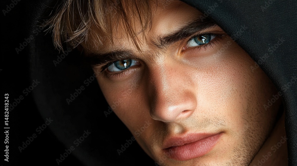 Male face close-up with dark hoodie partially concealing eyes, deep emotional expression Male face close-up with dark hoodie partially concealing eyes, deep emotional expression