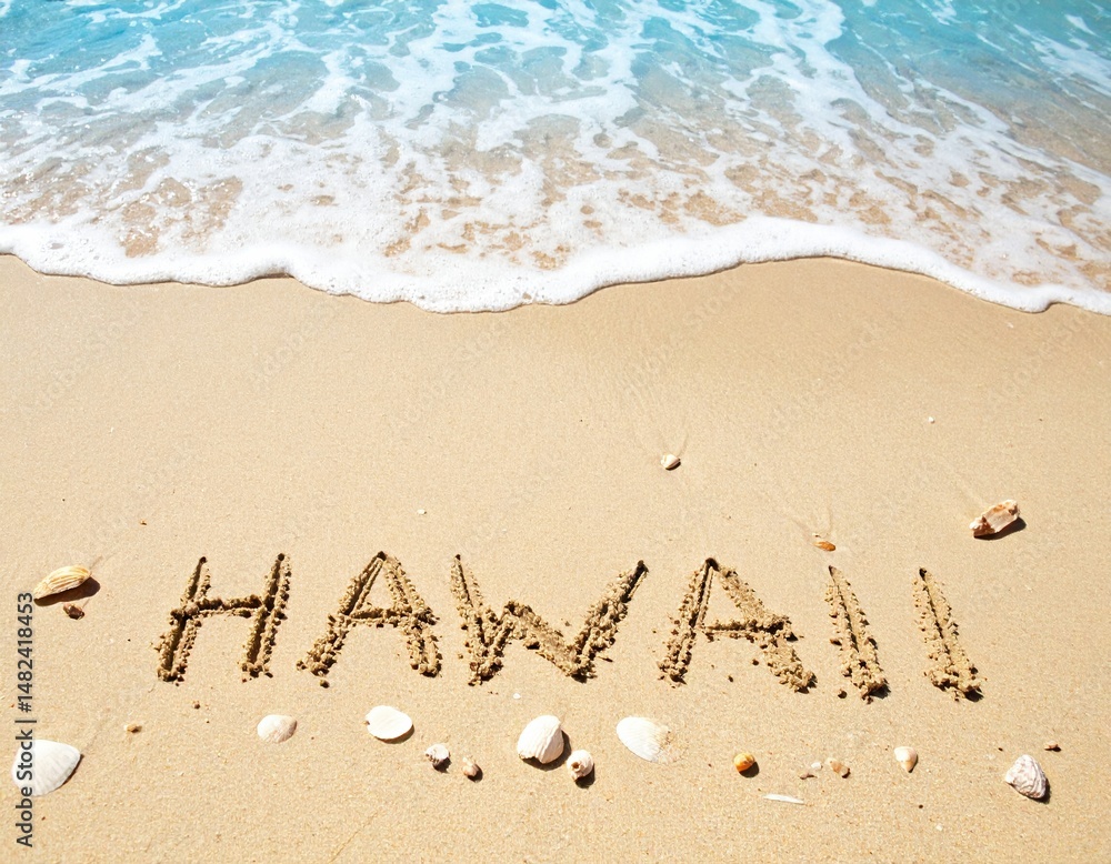 Fototapeta premium Hawaii beach scene with ocean waves and seashells on sandy shore