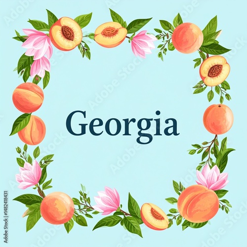 Peach and magnolia floral frame with 'georgia' text on blue background