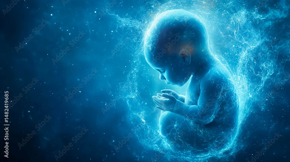 A glowing fetus in the womb, surrounded by glowing energy or fluid resembling amniotic fluid. The fetus is in the fetal position. A glowing fetus in the womb, surrounded by glowing energy or fluid resembling amniotic fluid. The fetus is in the fetal position.