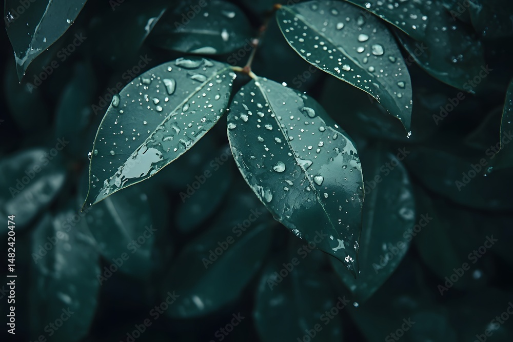 Obraz premium Close up of glossy dark green leaves with glistening water droplets after rainfall