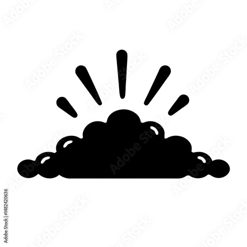 Stylized black and white cloud with shining sunbursts emanating upward