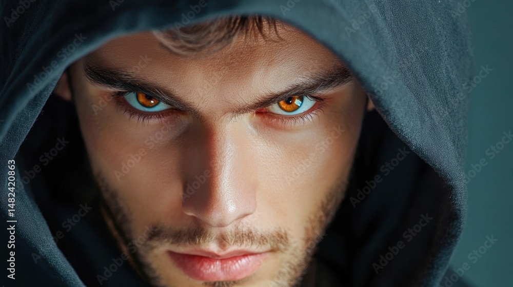 Mysterious mans piercing gaze peeking through dark hooded clothing, intense close-up Mysterious mans piercing gaze peeking through dark hooded clothing, intense close-up