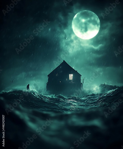 Solitary Figure Braving Stormy Seas Towards Lighted House